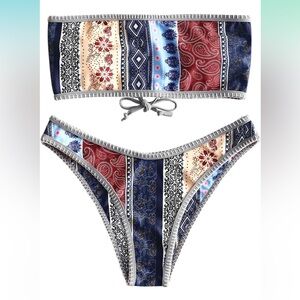 ZAFUL Women’s Multicolor Strapless High Cut Bandeau Bikini 2 Piece Swimwear